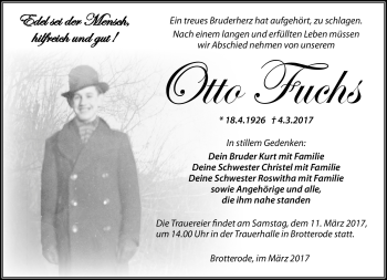 Traueranzeige von Otto Fuchs von Südthüringer Presse