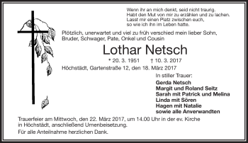 Traueranzeige von Lothar Netsch von Frankenpost