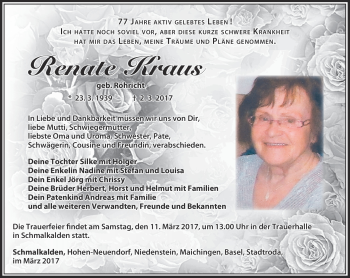 Traueranzeige von Renate Kraus von Südthüringer Presse