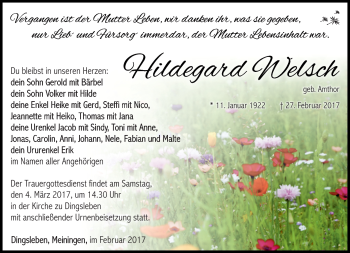 Traueranzeige von Hildegard Welsch von Südthüringer Presse