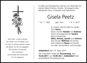 Traueranzeige von Gisela Peetz von Neue Presse Coburg