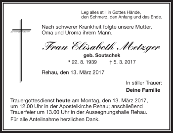 Traueranzeige von Elisabeth Metzger von Frankenpost