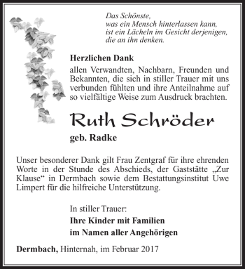 Traueranzeige von Ruth Schröder von Südthüringer Presse