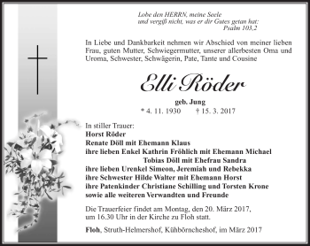 Traueranzeige von Elli Röder von Südthüringer Presse