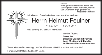 Traueranzeige von Helmut Feulner von Frankenpost
