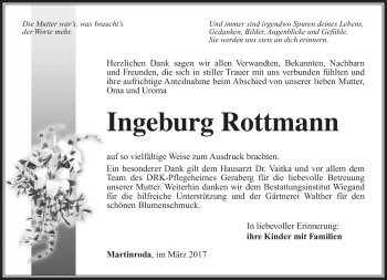 Traueranzeige von Ingeburg Rottmann von Südthüringer Presse