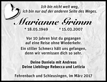 Traueranzeige von Marianne Grimm von Südthüringer Presse