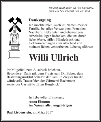 Traueranzeige von Willi Ullrich von Südthüringer Presse
