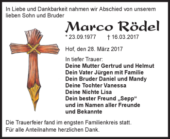 Traueranzeige von Marco Rödel von Frankenpost