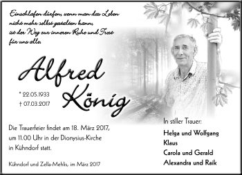 Traueranzeige von Alfred König von Südthüringer Presse
