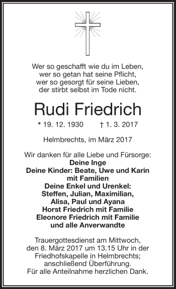 Traueranzeige von Rudi Friedrich von Frankenpost