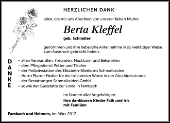 Traueranzeige von Berta Kleffel von Südthüringer Presse