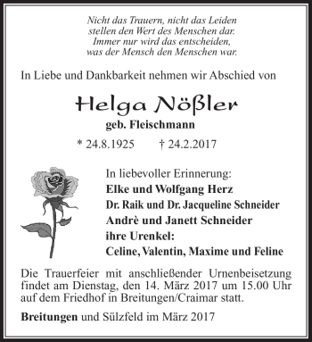 Traueranzeige von Helga Nößler von Südthüringer Presse