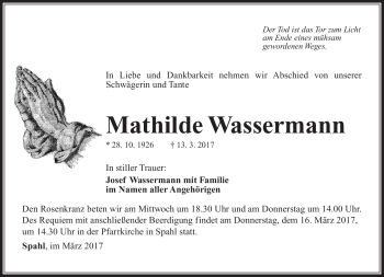 Traueranzeige von Mathilde Wassermann von Südthüringer Presse