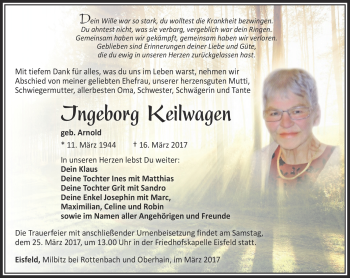 Traueranzeige von Ingeborg Keilwagen von Südthüringer Presse