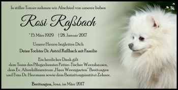 Traueranzeige von Rosemarie Raßbach von Südthüringer Presse