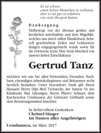Traueranzeige von Gertrud Tanz von Südthüringer Presse