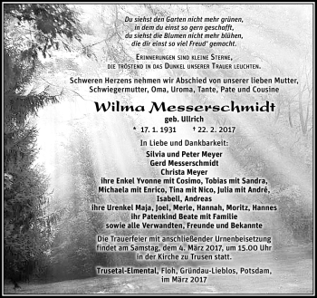 Traueranzeige von Wilma Messerschmidt von Südthüringer Presse