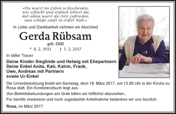 Traueranzeige von Gerda Rübsam von Südthüringer Presse