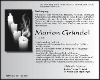 Traueranzeige von Marion Gründel von Südthüringer Presse