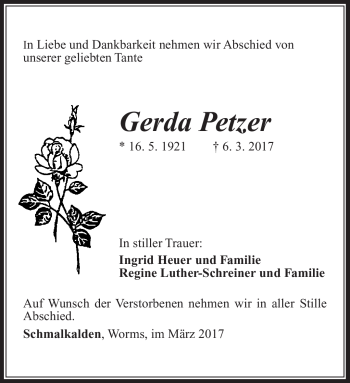 Traueranzeige von Gerda Petzer von Südthüringer Presse