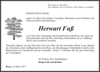 Traueranzeige von Herwart Fuß von Südthüringer Presse