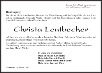 Traueranzeige von Christa Leutbecher von Südthüringer Presse