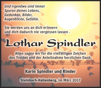 Traueranzeige von Lothar Spindler von Südthüringer Presse