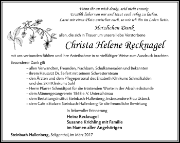 Traueranzeige von Christa Recknagel von Südthüringer Presse