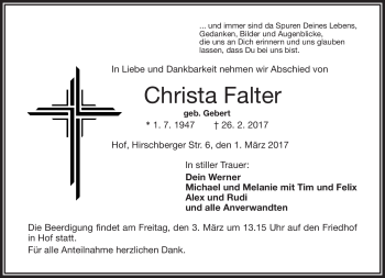 Traueranzeige von Christa Falter von Frankenpost