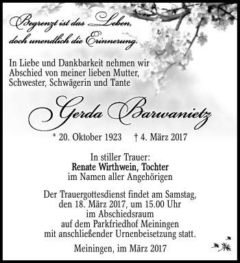 Traueranzeige von Gerda Barwanietz von Südthüringer Presse