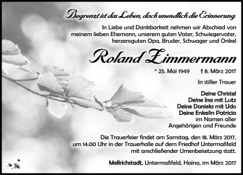 Traueranzeige von Roland Zimmermann von Südthüringer Presse