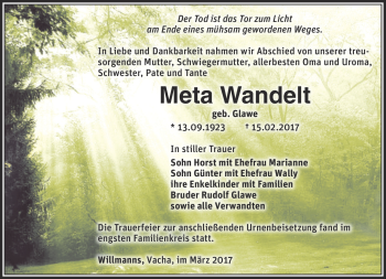 Traueranzeige von Meta Wandelt von Südthüringer Presse