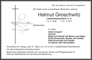 Traueranzeige von Helmut Groschwitz von Frankenpost