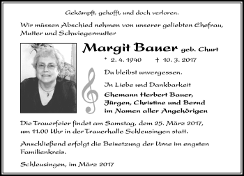 Traueranzeige von Margit Bauer von Südthüringer Presse