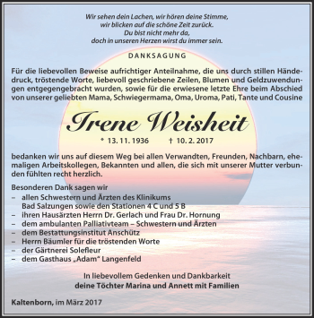 Traueranzeige von Irene Weisheit von Südthüringer Presse