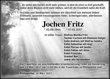 Traueranzeige von Jochen Fritz von Südthüringer Presse
