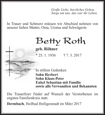 Traueranzeige von Betty Roth von Südthüringer Presse