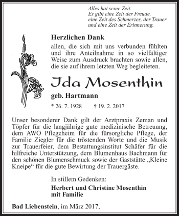 Traueranzeige von Ida Mosenthin von Südthüringer Presse