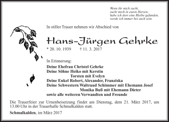 Traueranzeige von Hans-Jürgen Gehrke von Südthüringer Presse