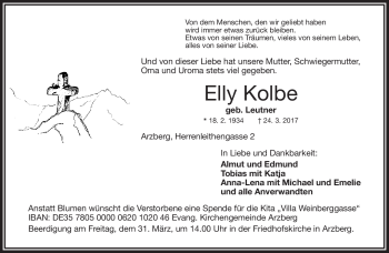 Traueranzeige von Elly Kolbe von Frankenpost