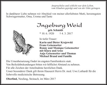Traueranzeige von Ingeburg Weid von Südthüringer Presse