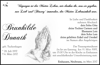Traueranzeige von Brunhilde Donath von Südthüringer Presse