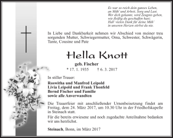 Traueranzeige von Hella Knott von Südthüringer Presse