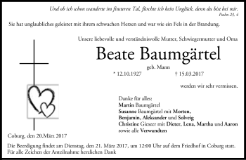 Traueranzeige von Beate Baumgärtel von Neue Presse Coburg