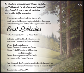Traueranzeige von Ernst Lebbedies von Südthüringer Presse