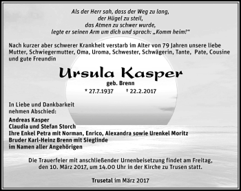 Traueranzeige von Ursula Kasper von Südthüringer Presse