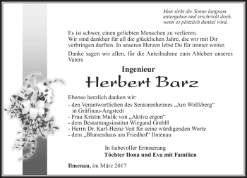 Traueranzeige von Herbert Barz von Südthüringer Presse