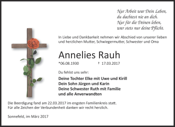 Traueranzeige von Annelies Rauh von Neue Presse Coburg