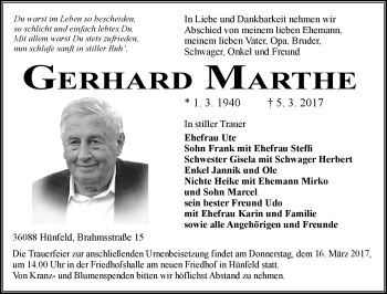 Traueranzeige von Gerhard Marthe von Südthüringer Presse